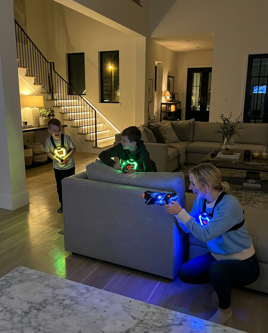 Mama und Kinder spielen Lasertag